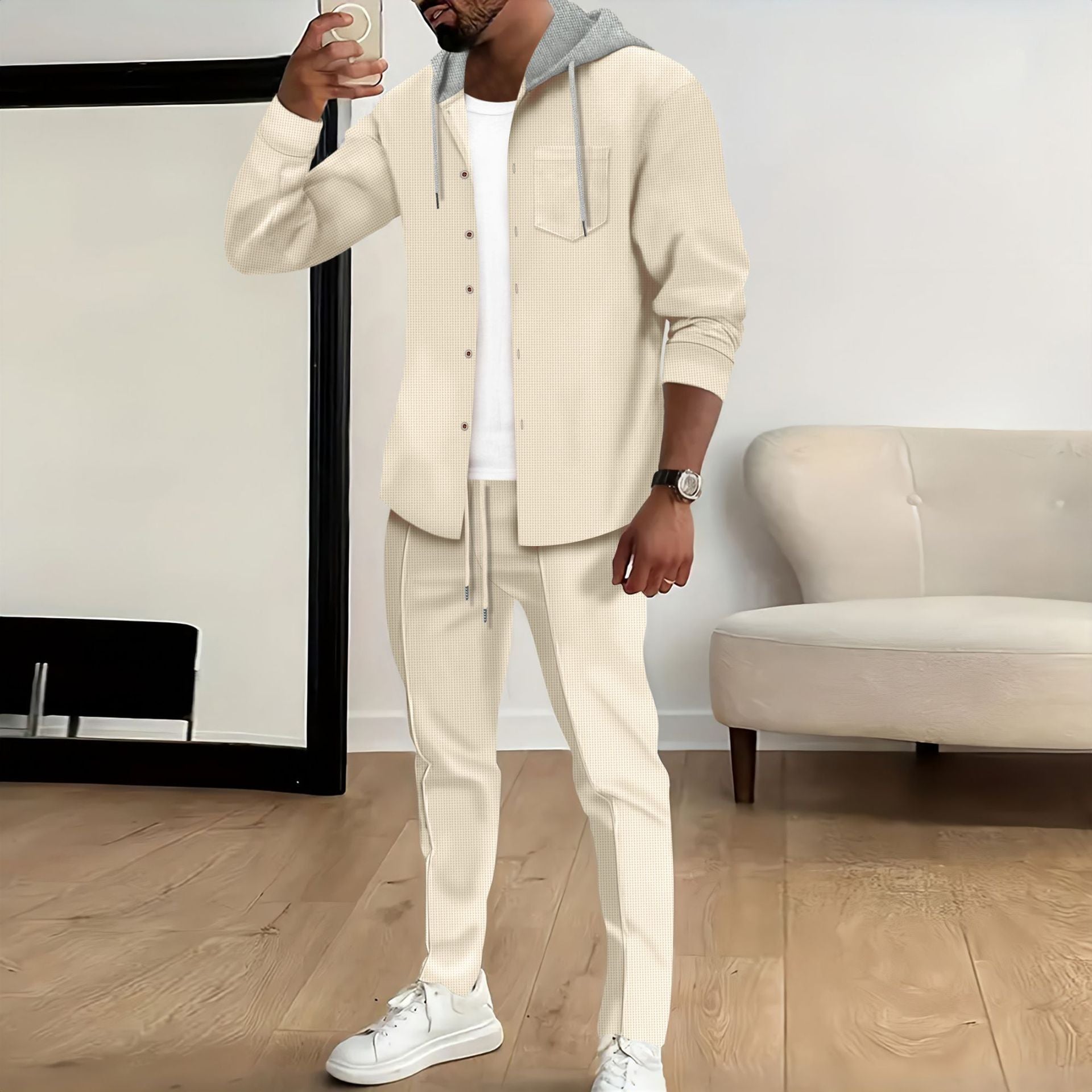 Men's Waffle Knit Hooded Cardigan Set