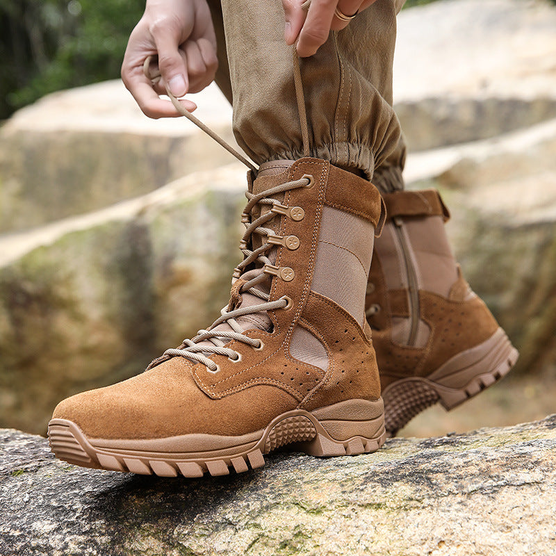 Mens Brown Combat Training Boots  Waterproof Desert Tactical Boots with Side Zipper & Non-Slip Sole
