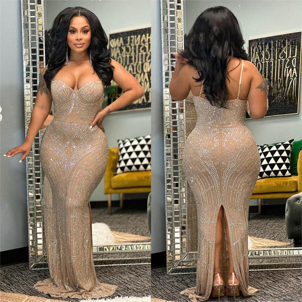Hot diamond mesh sleeveless shoulder strap long dress