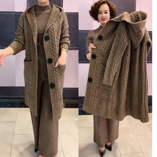 Heavy Industrial Jacquard Hooded Knit Cardigan