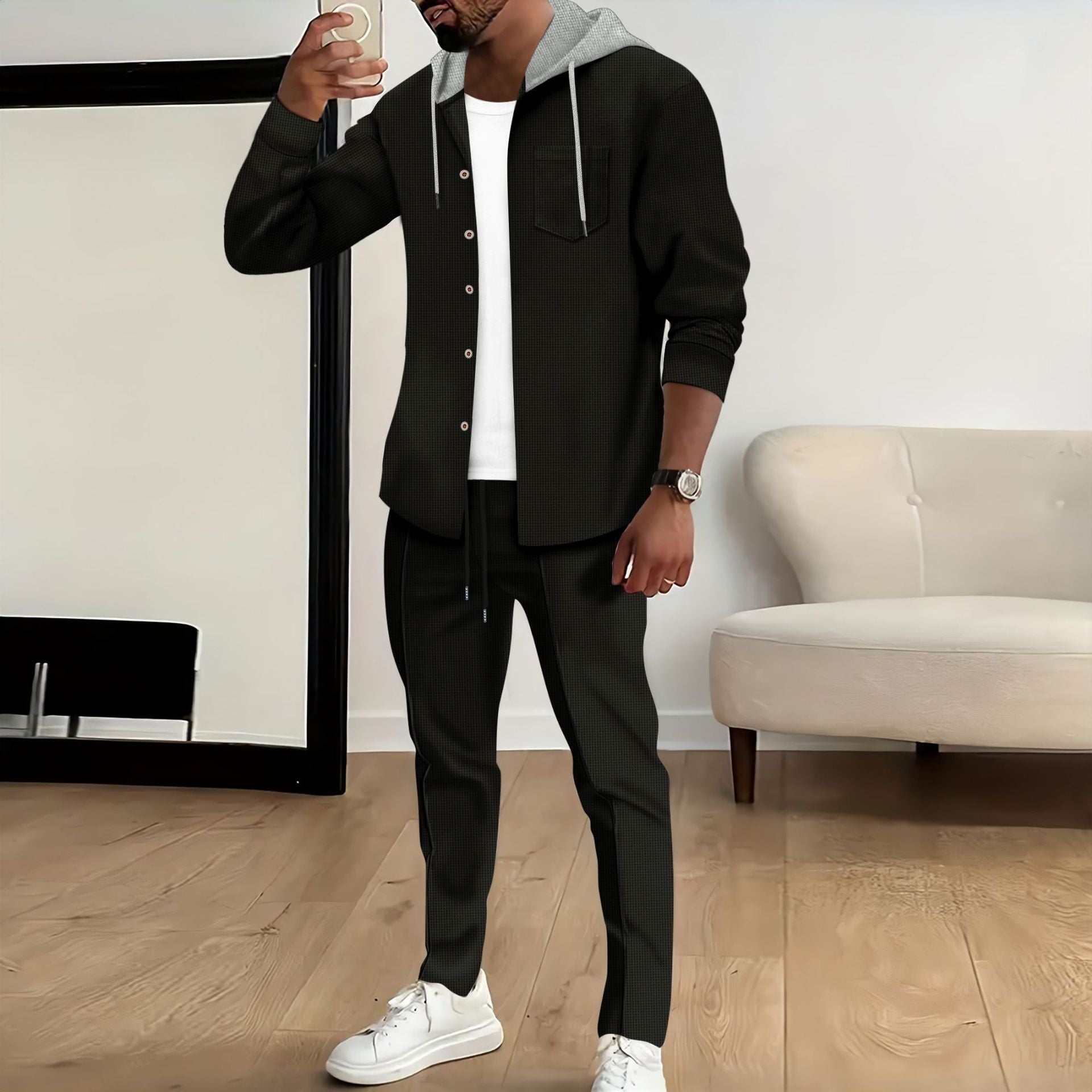 Men's Waffle Knit Hooded Cardigan Set