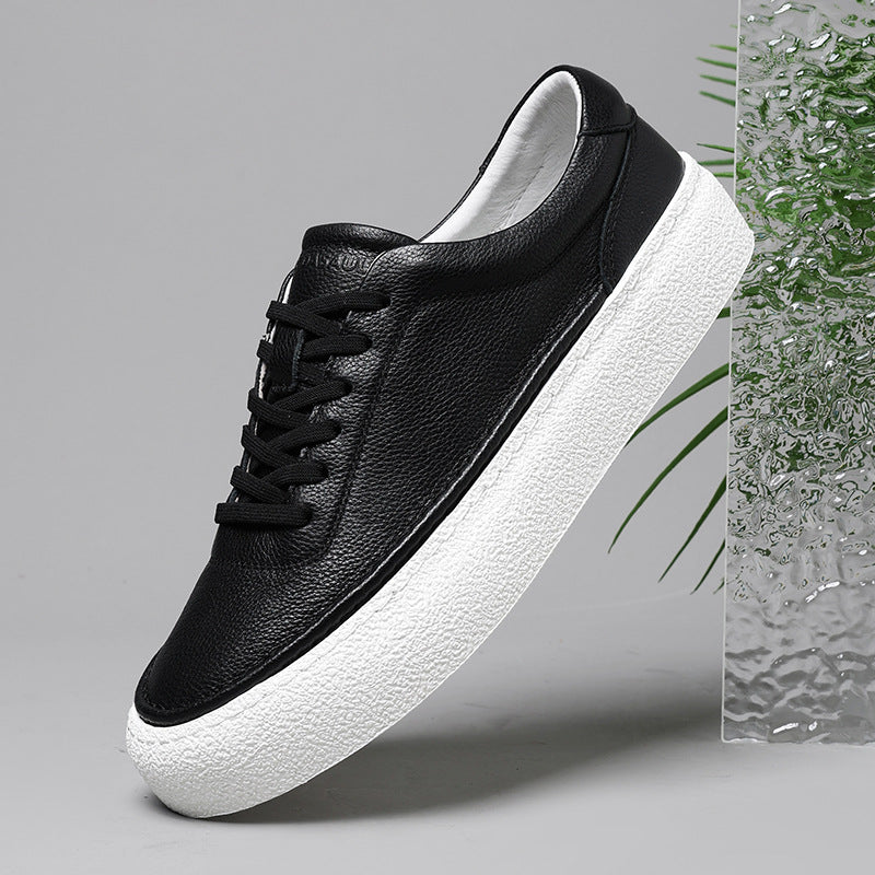 Mens White Leather Sneakers  Breathable Korean Style Casual Shoes
