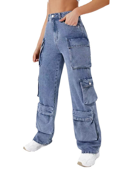 New Zipper Multi-Pocket High Waist Straight Cargo Pants