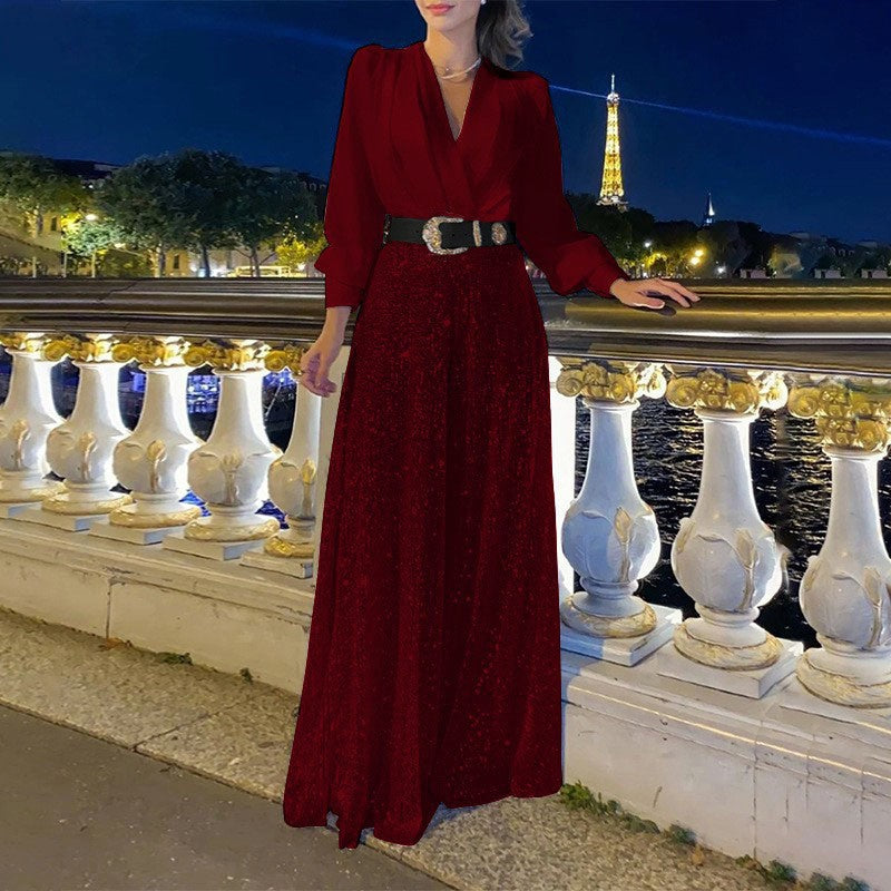V-neck long-sleeved shirts, waist thin, sequined wide-leg pants