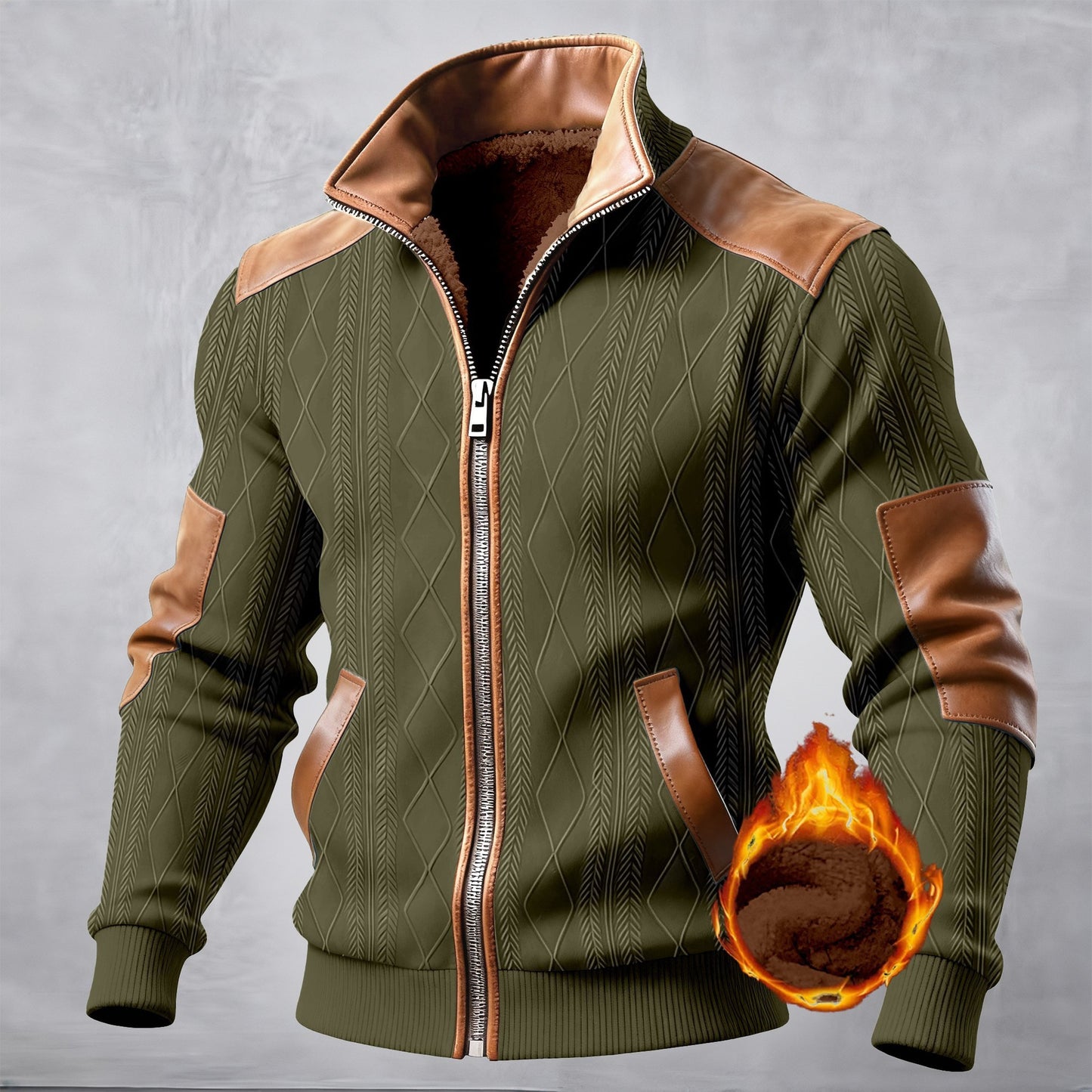 Mens Winter Jacquard Fleece Zip-Up Jacket  Casual Color Block Cardigan Coat