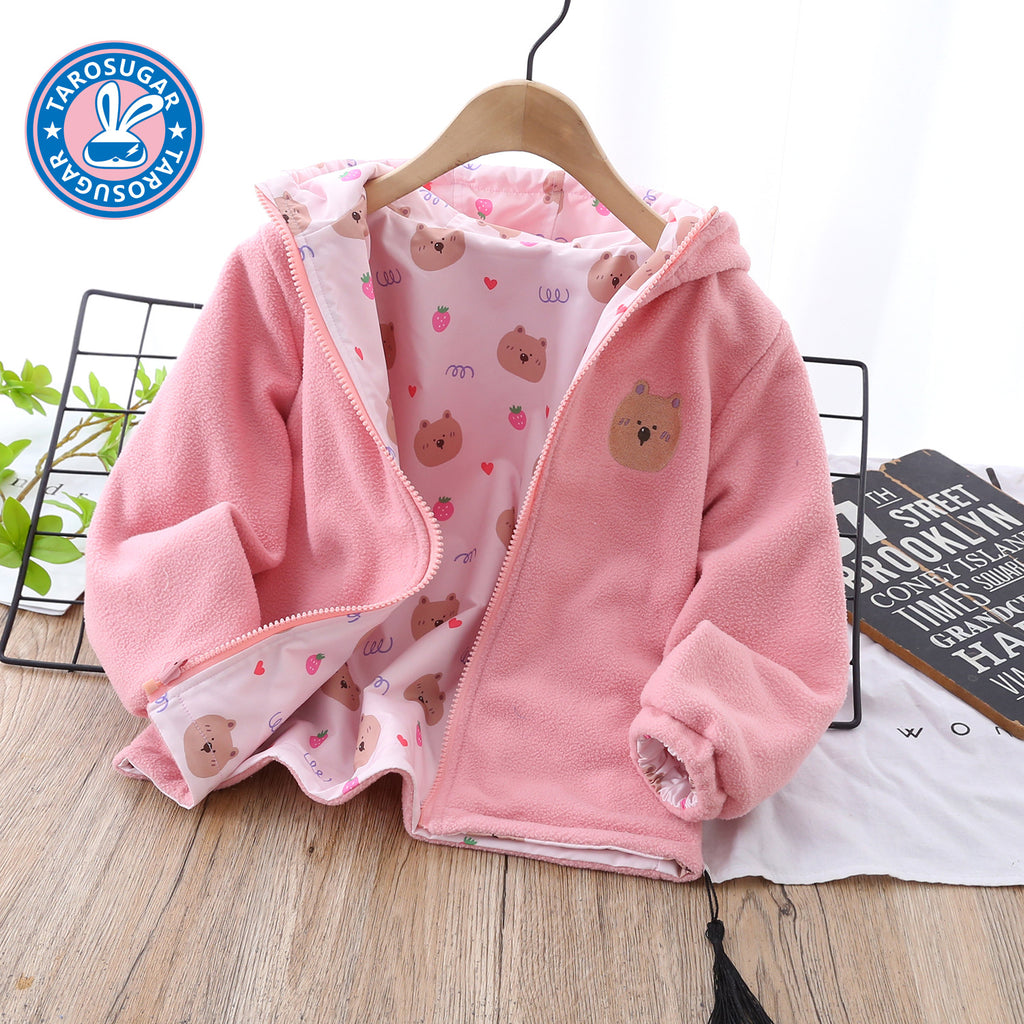 Reversible Girls' Hooded Polar Fleece Jacket  Thickened Winter Warmth