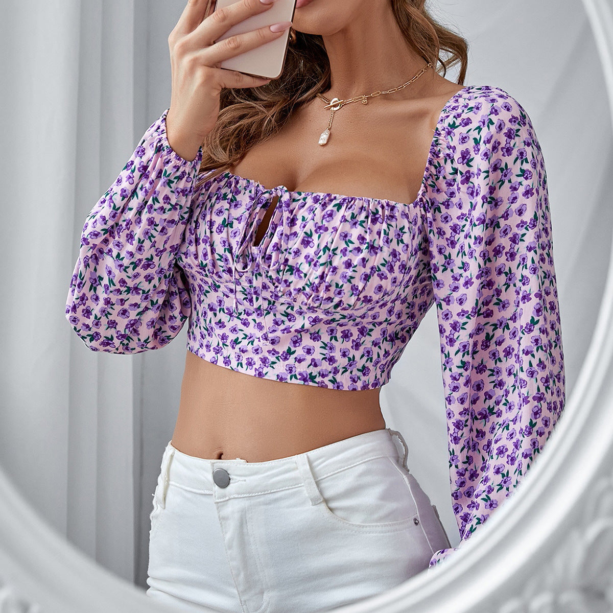 Women's floral shirt women's - summer retro square neck top