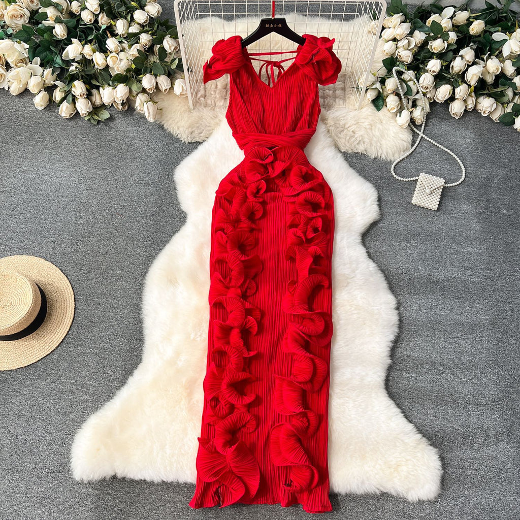 Elegant High-End Pleated Ruffle Evening Dress