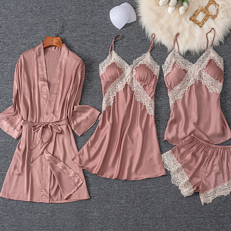 Women's Ice Silk 5-Piece Pajama Set – Sexy Cami Nightdress & Loungewear