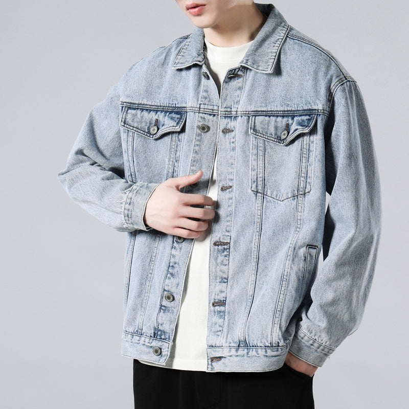 Men's Washed Denim Jacket  Loose Retro Casual Lapel Coat