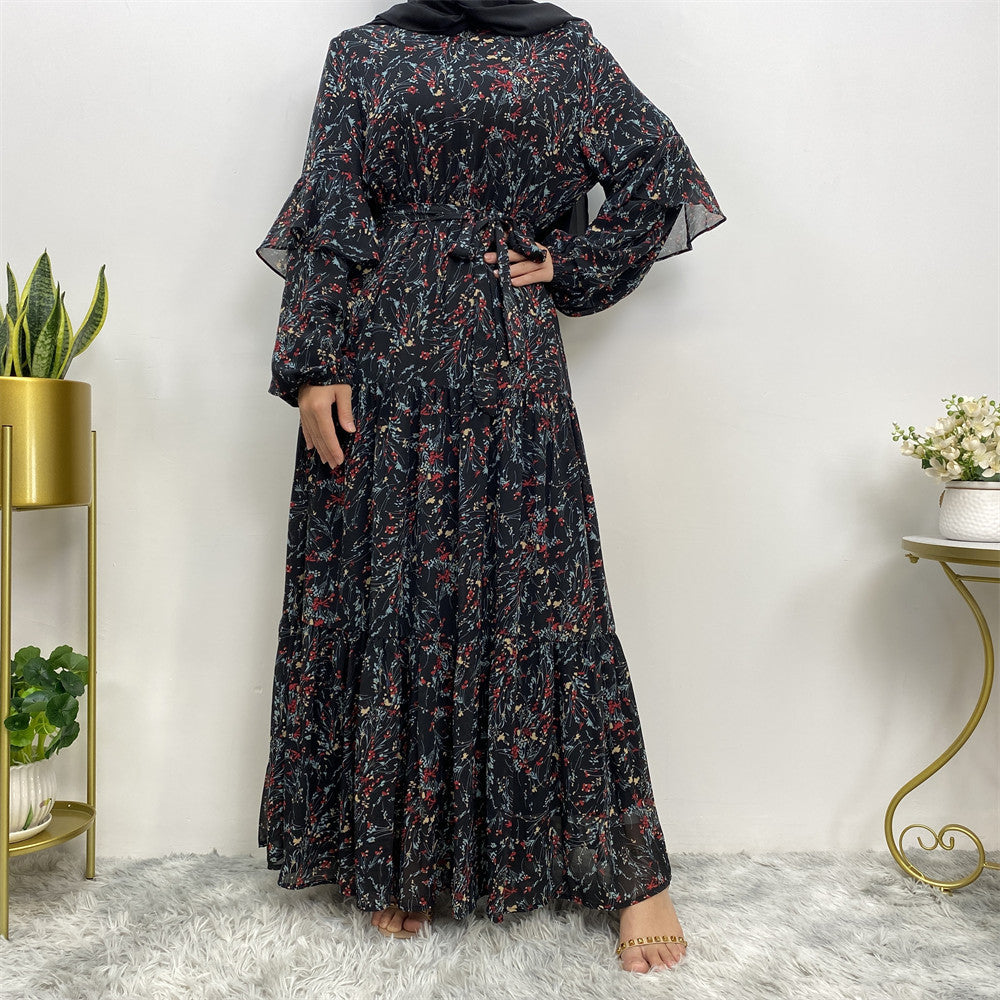 Elegant Chiffon Print Tie-Waist Dress