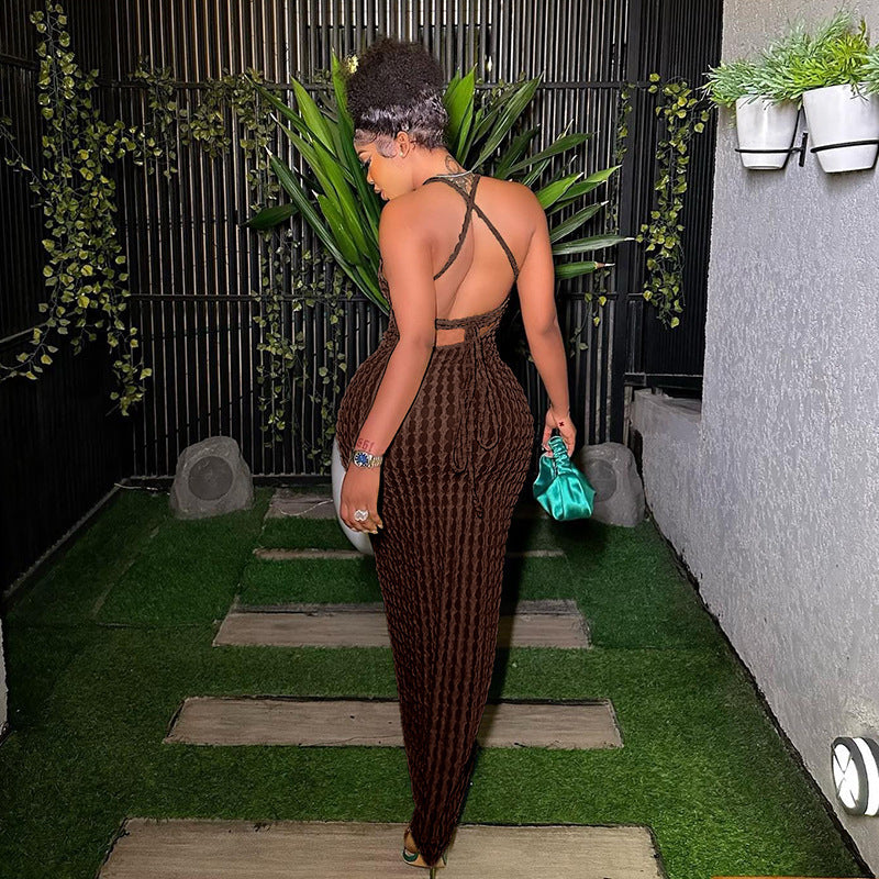 New suspender backless popcorn dress