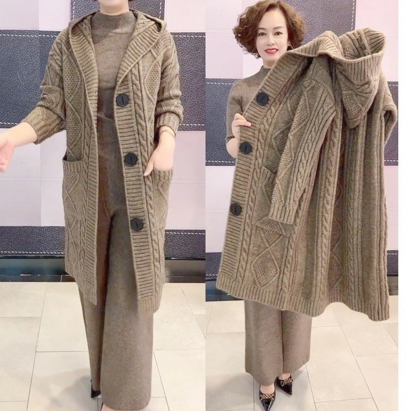 Heavy Industrial Jacquard Hooded Knit Cardigan
