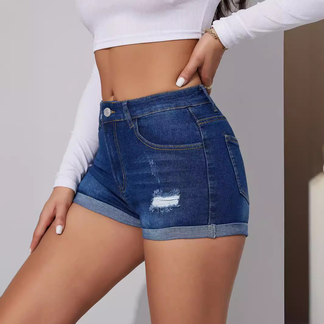 High-waisted stretch thin ripped jeans shorts