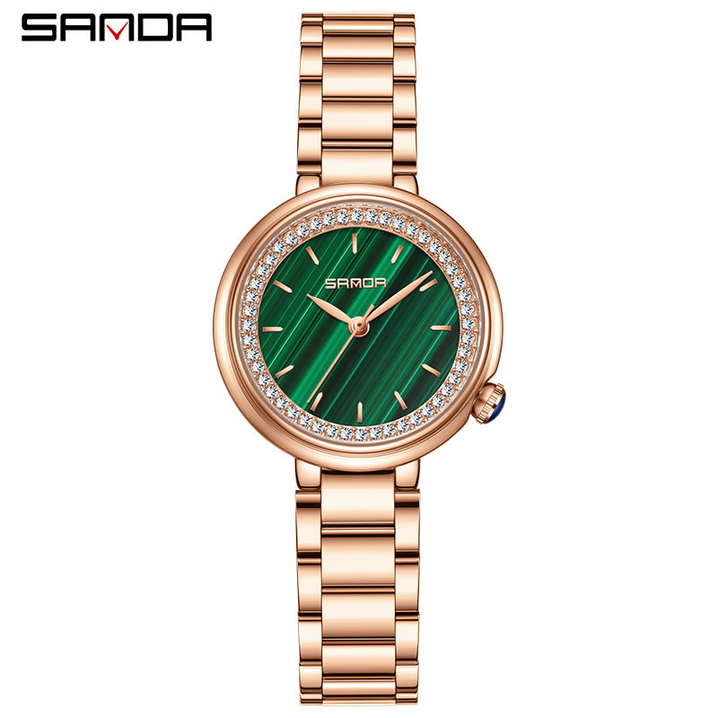 Elegant Malachite Quartz Watch with Crystal Stones - Luxury Women's