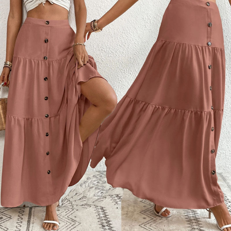 Women's Button-Front Elastic Waist Long Cake Skirt