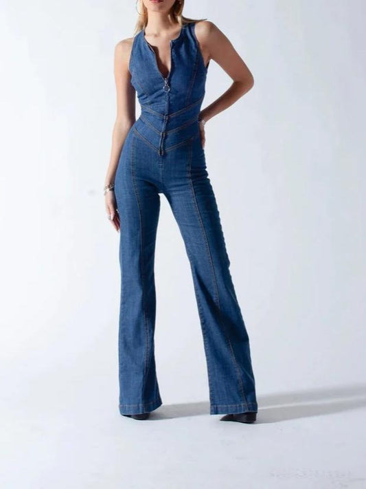 Womens Retro Denim Slim Jumpsuit