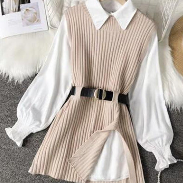 New midi sweater set slim tie waist knitted vest shirt two-piece set women