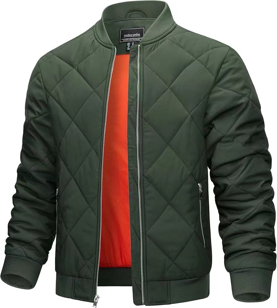 Mens Light Cotton Jacket  Diamond Quilted Stand Collar, Warm Casual Coat