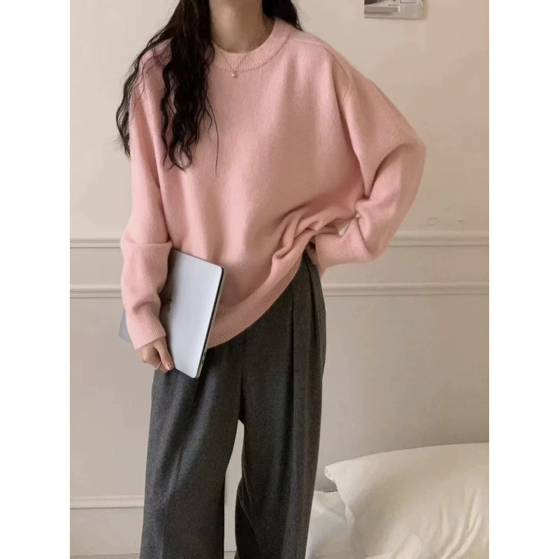 Solid Color Crew Neck Loose Knit Sweater  Casual Autumn Winter Pullover