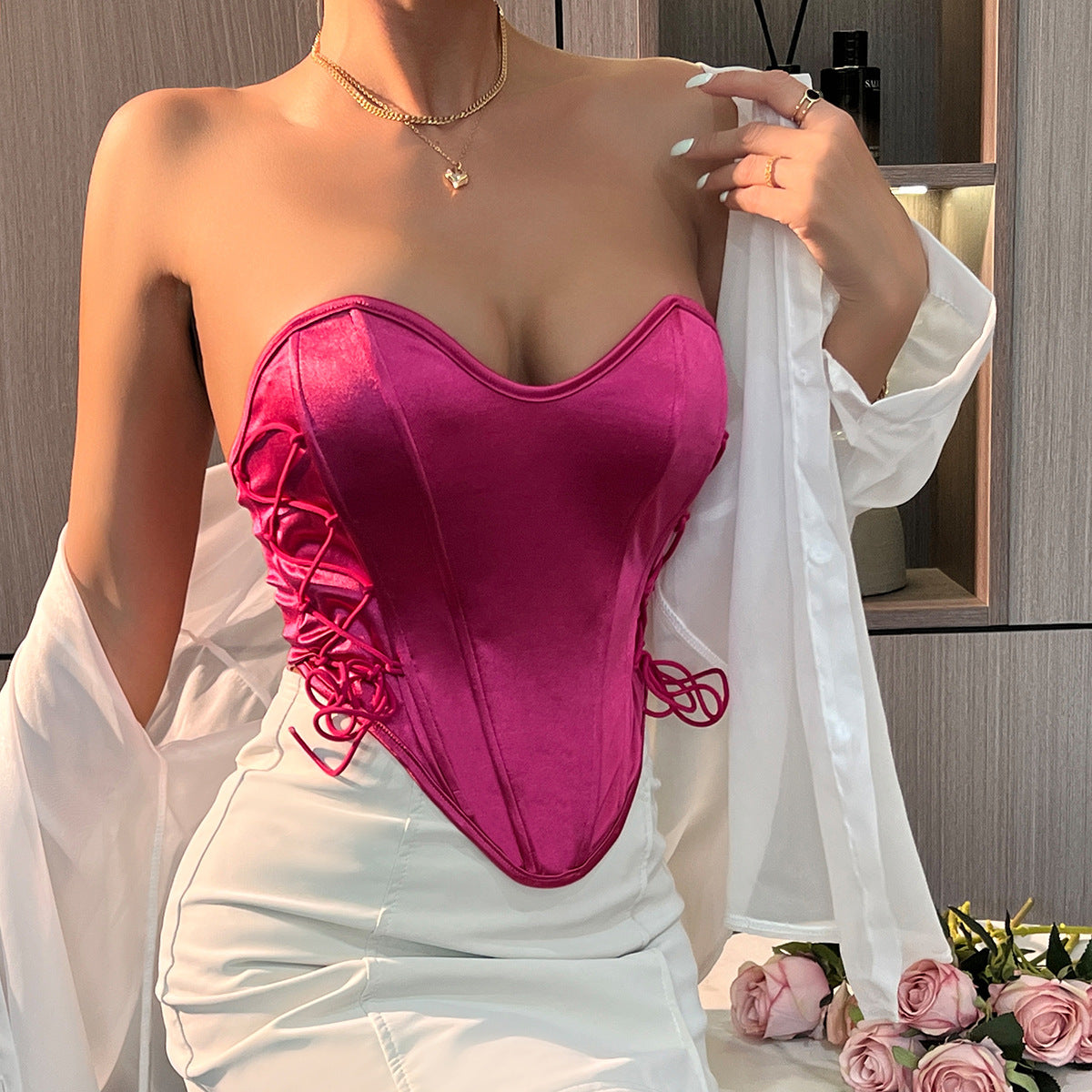 Sexy babes tie lace-up solid color wrap chest street backless fishbone top