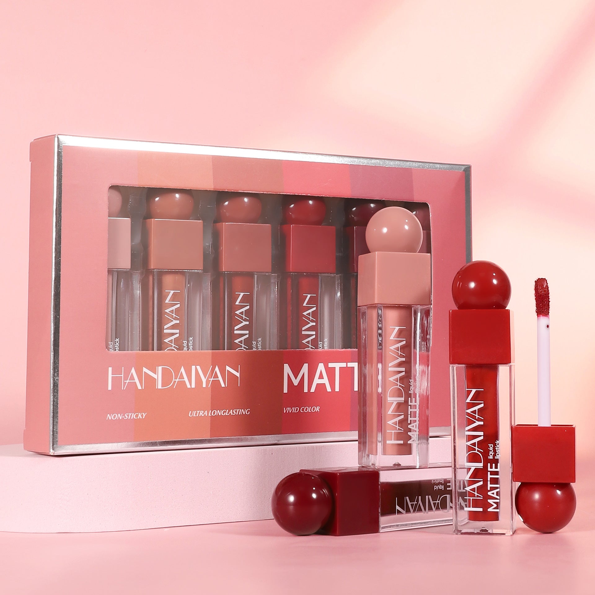 6-color square tube lip gloss set matte lipstick, lip gloss long-lasting waterproof non-stick cup handaiyan makeup