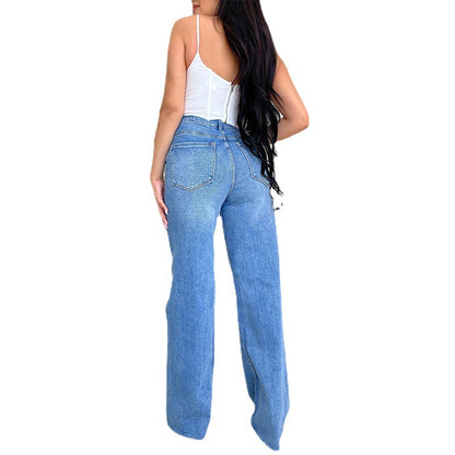 Long high-waisted ripped raw edges comfortable wide-leg pants