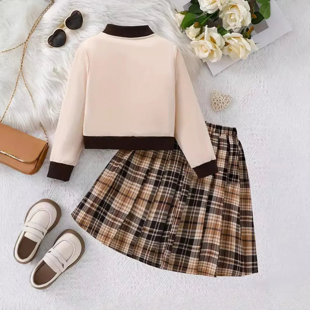 Bear-Embroidered Jacket & Plaid Skirt Set