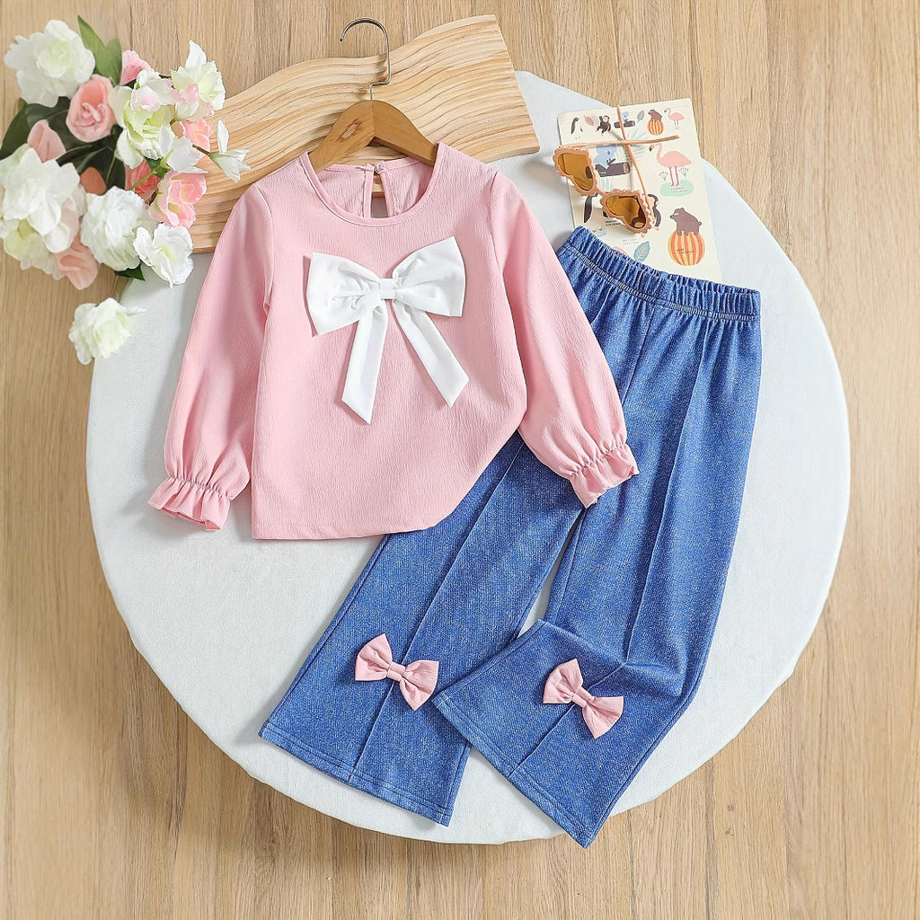 Girls' Pink Bow Top & Denim Two-Piece Set