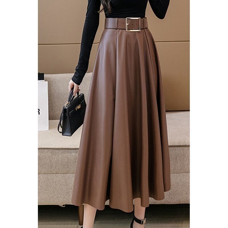 Coffee Leather Pleated Skirt  High-Waisted A-Line Midi for Autumn/Winter