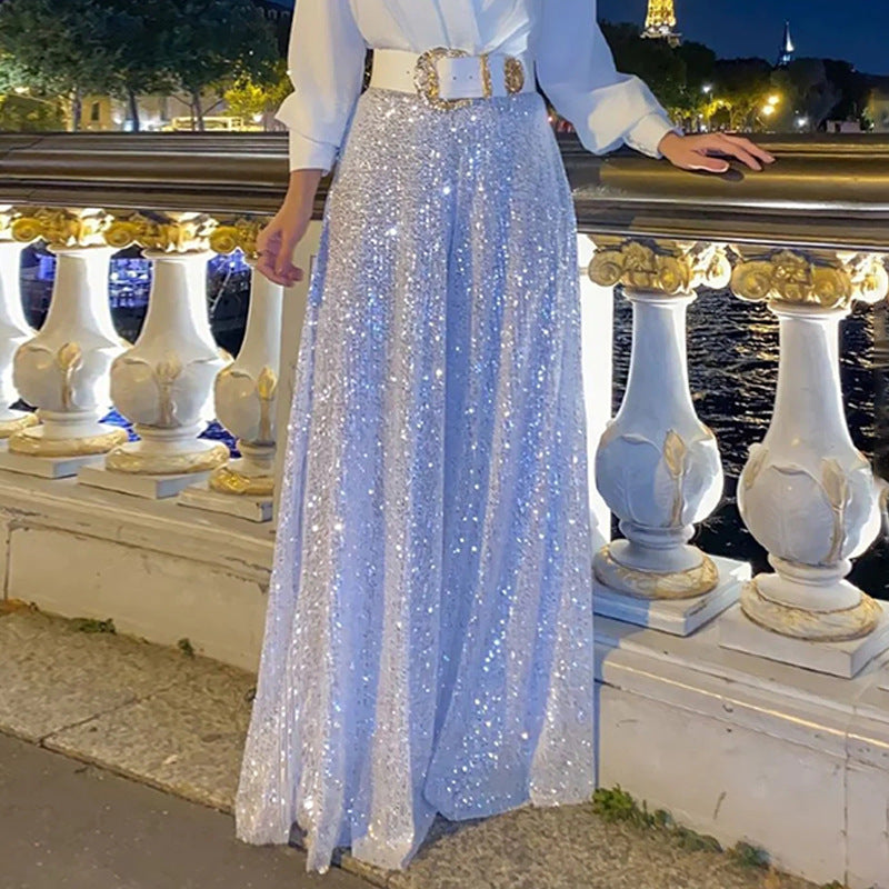 V-neck long-sleeved shirts, waist thin, sequined wide-leg pants