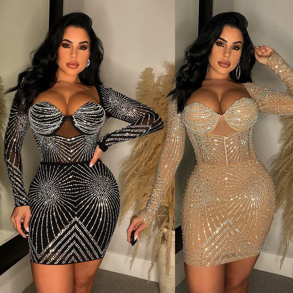 Women's Solid Color Mesh Hot Diamond Long-Sleeve Short Skirt Dress