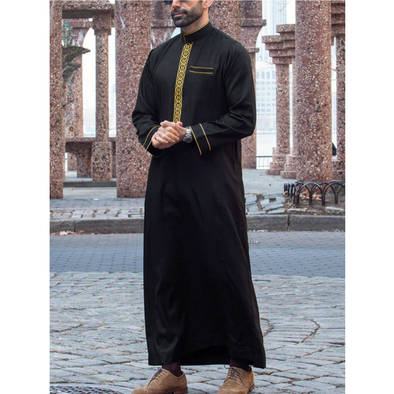 Mens Ethnic Embroidered Stand Collar Long Sleeve Shirt