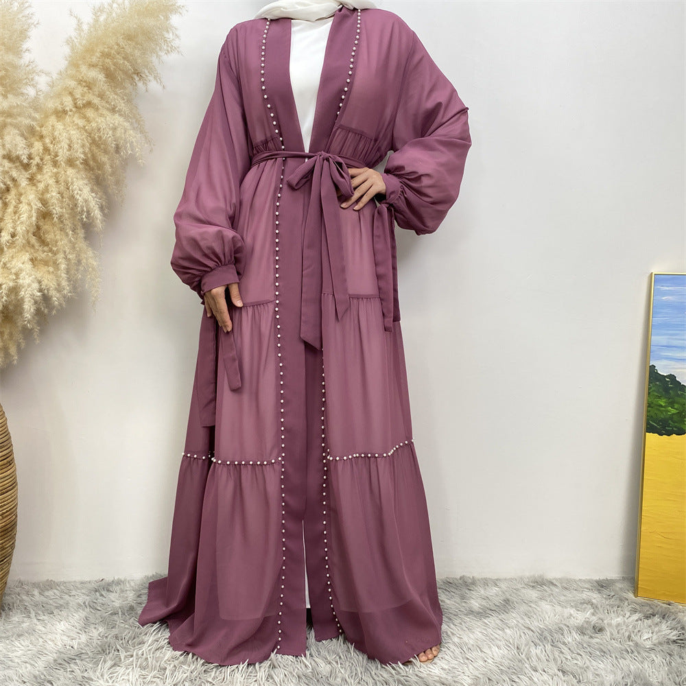 Elegant Beaded Chiffon Lace-Up Cardigan Robe
