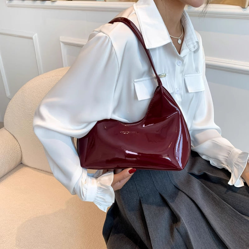 Texture vintage patent leather burgundy armpit crossbody bag