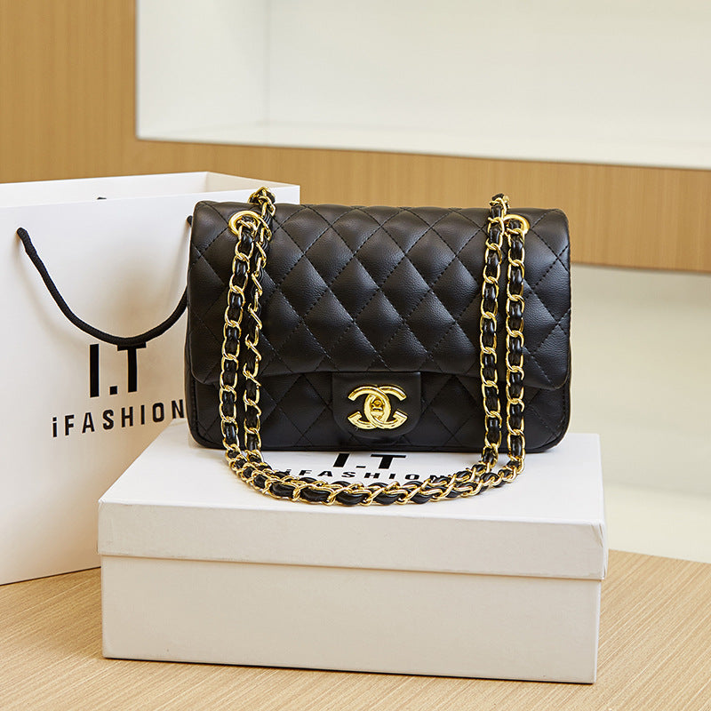 Trendy Small Square Chain Shoulder Bag  Classic Diamond Check Crossbody