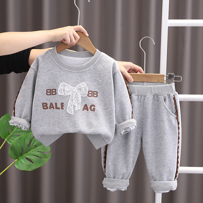 Bow & Letter Print Sweatshirt Set - Spring/Autumn Two-Piece Outfit for Baby Girls (0-4 Years)