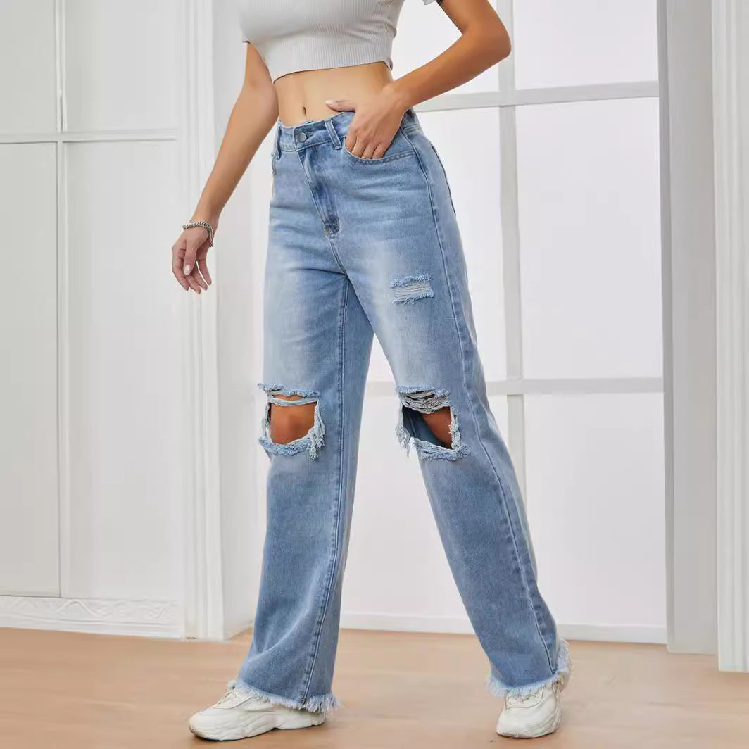 New high-waisted thin ripped, versatile wash denim pants
