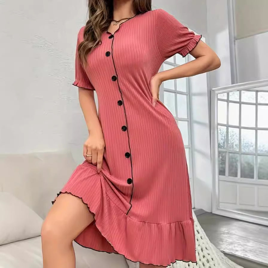 Elegant Knitted Button-Up Slim Dress  Short Sleeve