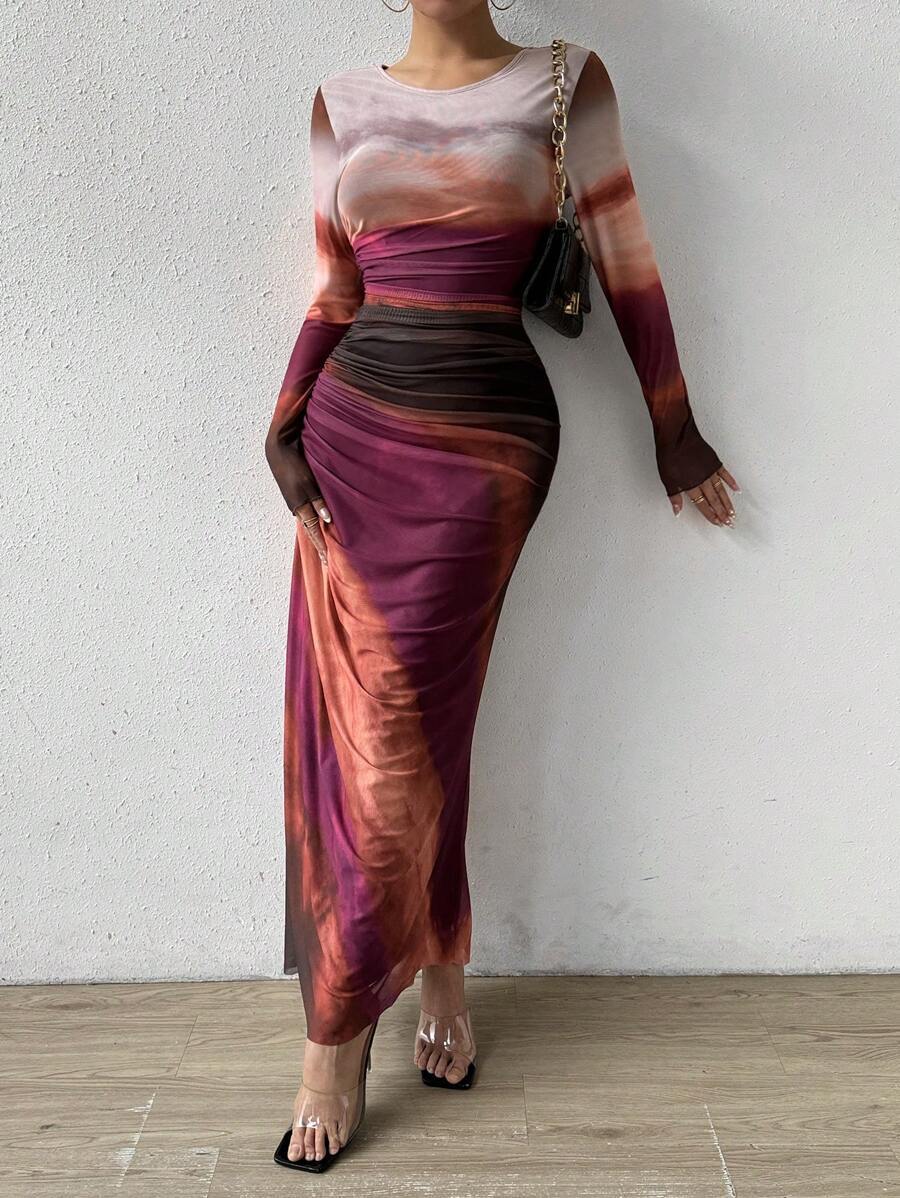 Elegant Contrast Rendered Slim Waist Dress