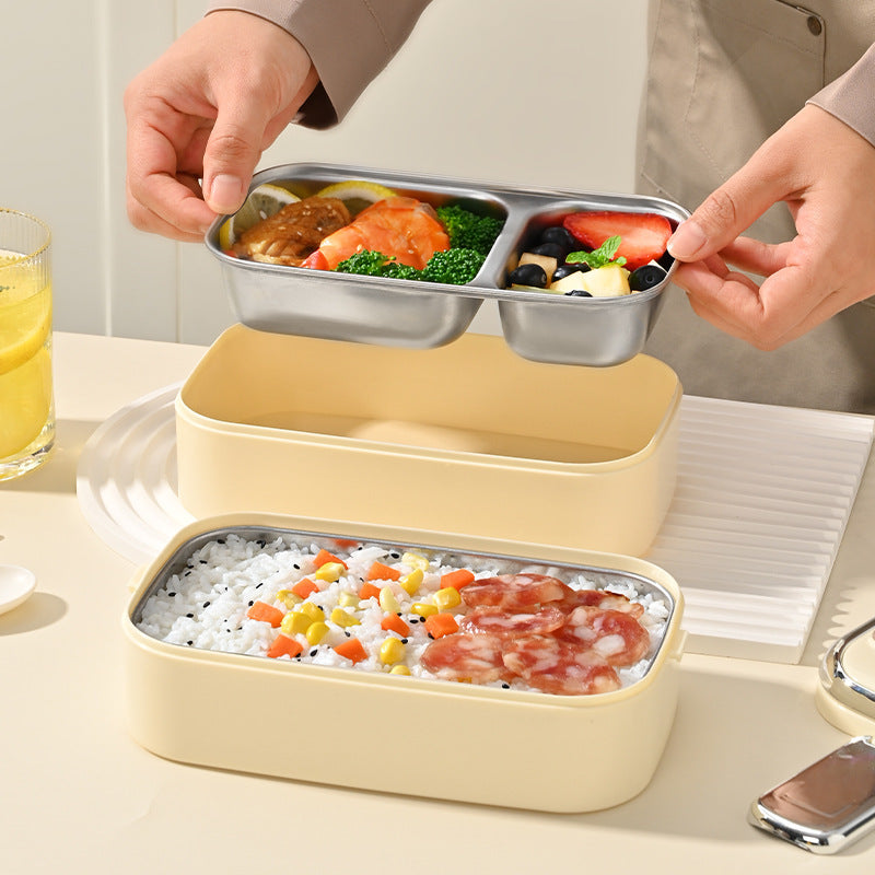 Stainless Steel Double-Layer Lunch Box with Handle & Utensils