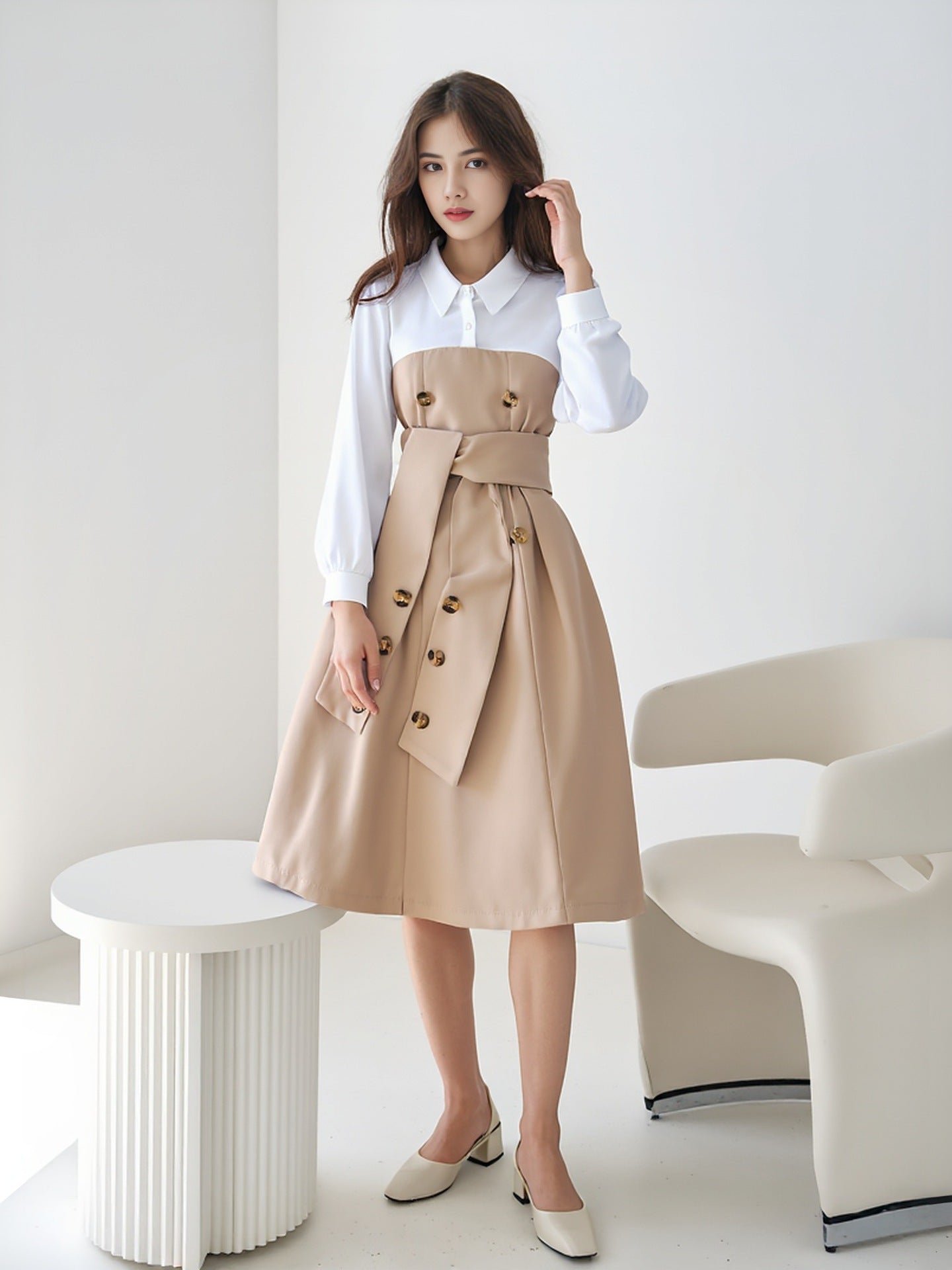 Children’s Long-Sleeve Contrast Lapel Dress