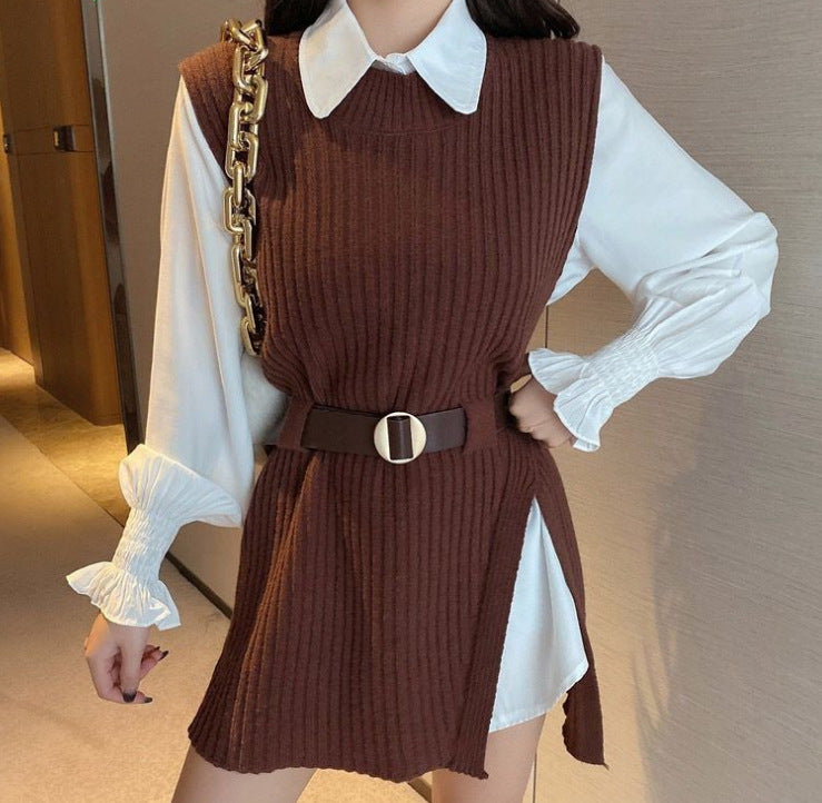 New midi sweater set slim tie waist knitted vest shirt two-piece set women