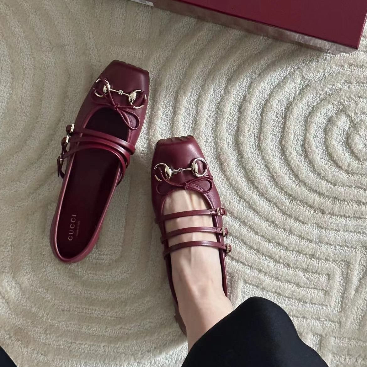 Sheepskin Horsebit Ballet Flats  Retro Little Red Mary Jane Shoes