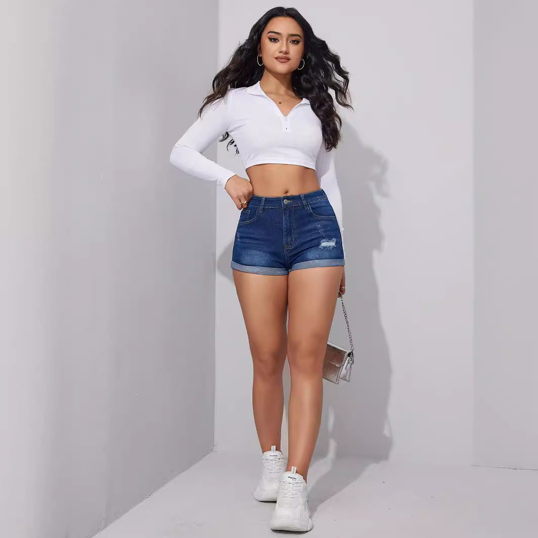 High-waisted stretch thin ripped jeans shorts