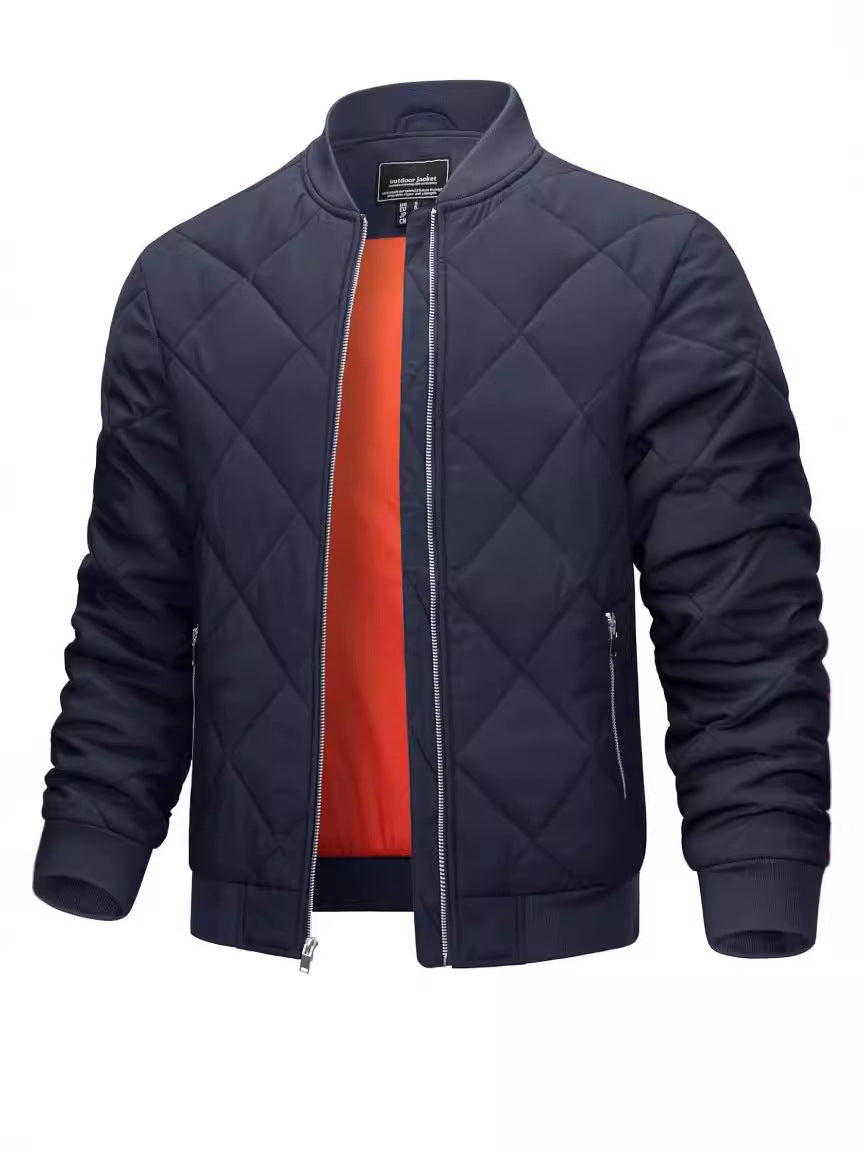 Mens Light Cotton Jacket Diamond Quilted Stand Collar, Warm Casual Coat (On Hand)