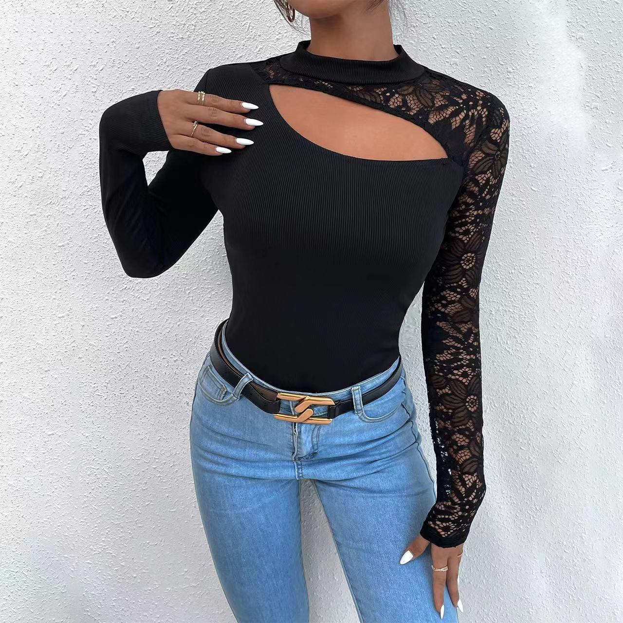 Off-the-Shoulder Lace Irregular Long Sleeve, High Neck Women's Sexy T-Shirt