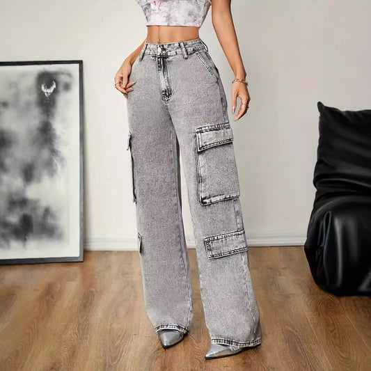 Women's summer straight high waist slim loose pockets casual jeans