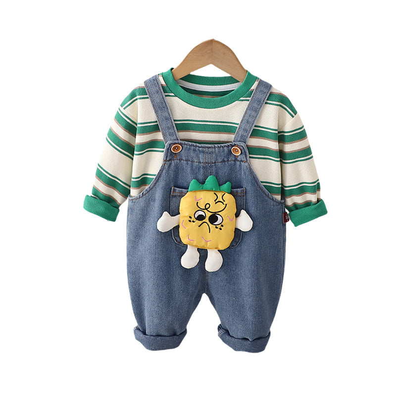 Pineapple Striped Romper Two-Piece Set  Playful Spring & Autumn Outfit for Babies & Toddlers (0-4 Years)