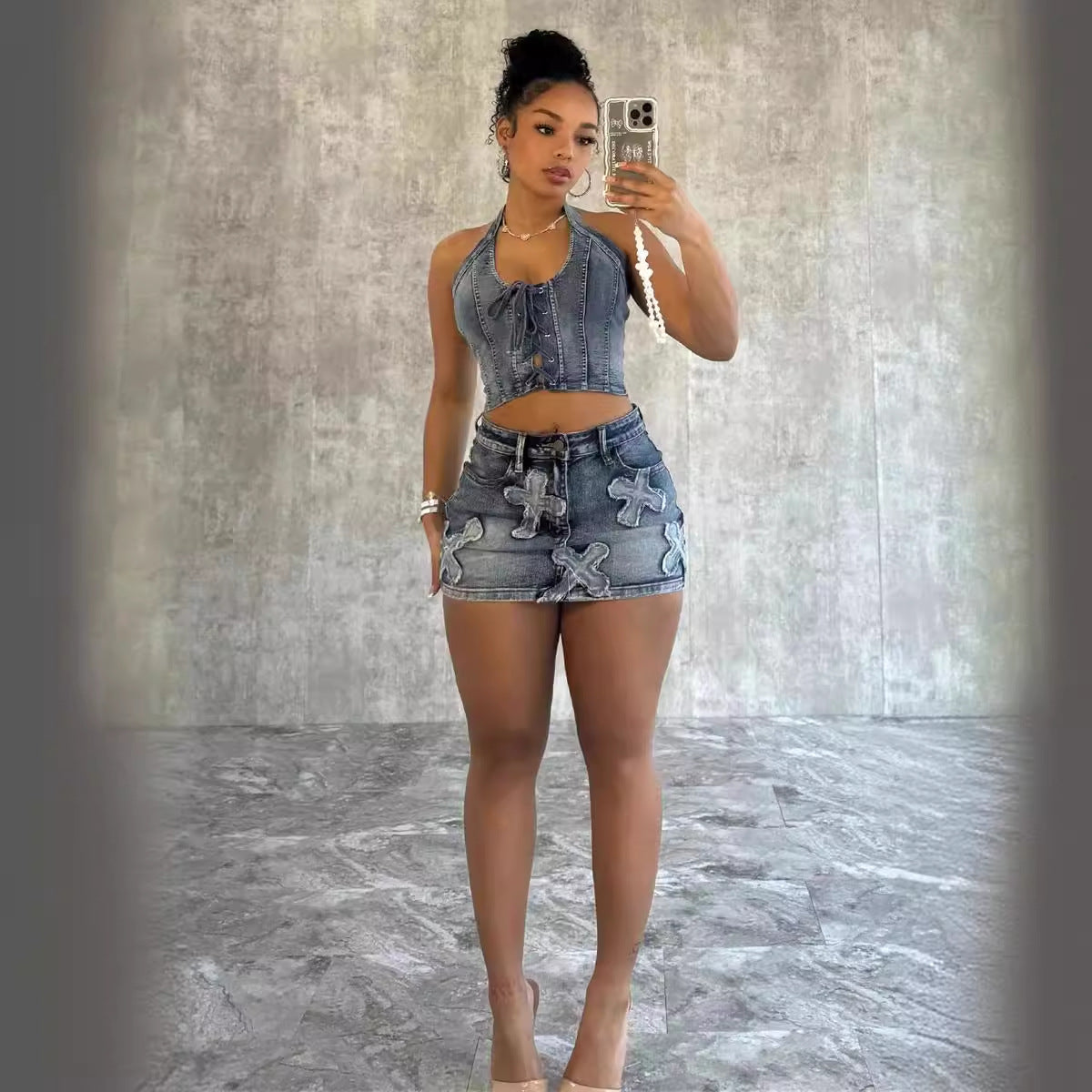 Denim skirt : embroidery casual stretch two-piece set